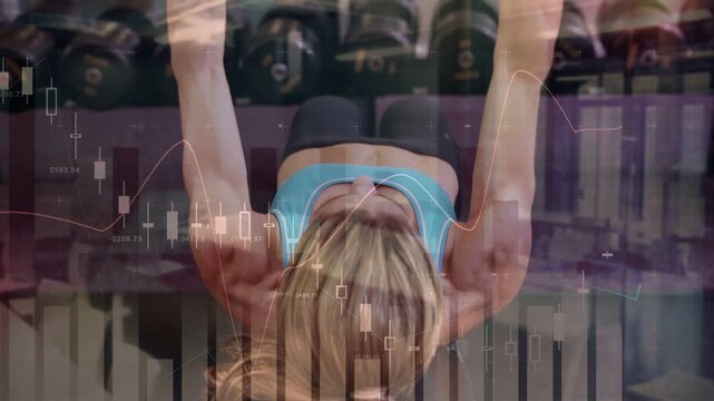 Woman starting rep lifting to chest fly with weights on bench overlaying finance charts toning