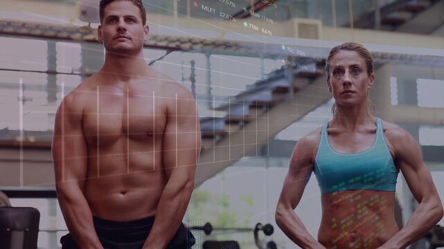 Data overlay aligning with bodies, partners performing kettlebell upright rows in gym for tracking