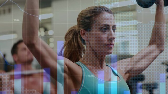 Woman starting shoulder press rep in gym, pressing dumbbells upward, HUD blue bars tracking reps