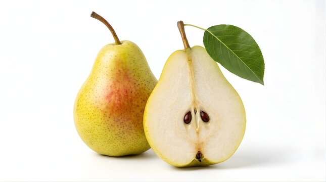 Fresh Pear and Half Pear with Leaf Isolated on White Background