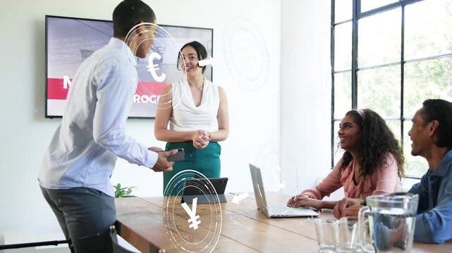 Host clapping, speaking leading business meeting, colleague arriving placing tablet, team laughing
