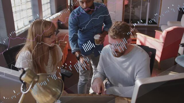 Seated man gesturing, team joining, animated graphs overlaying laptop, analyzing business data
