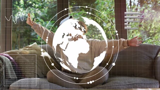 Vertical video: Girl VR raising hands, making globe HUD, using charts, lifting visor for education