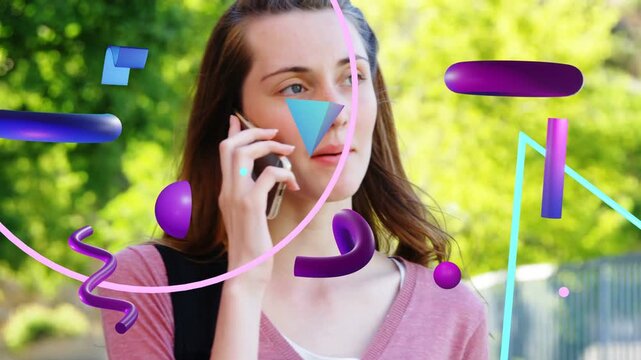 Female teenager entering frame, talking on phone, walking while tech shapes briefly obscuring face