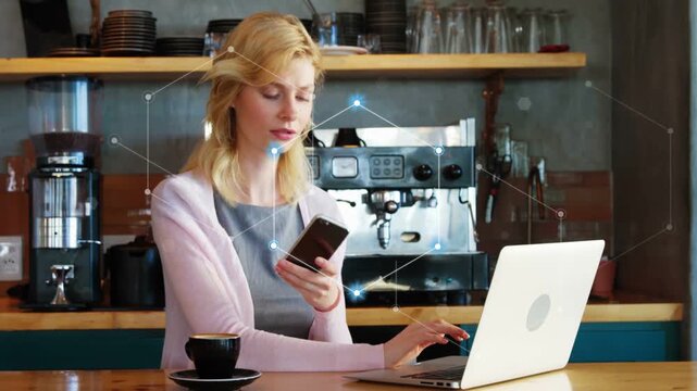 Woman at cafe picking phone, scrolling and using laptop for marketing, nodes around head appearing