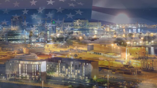 Frames starting, port skyline flickering while US flag overlay drifting showing night port activity