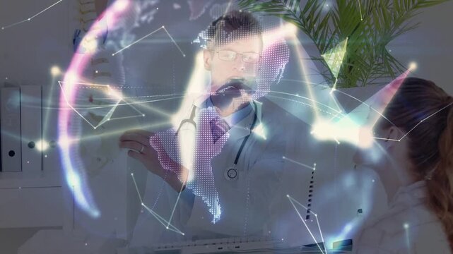 Dr raising spine model near clinic PC starting overlay teaching as lines forming globe above hand