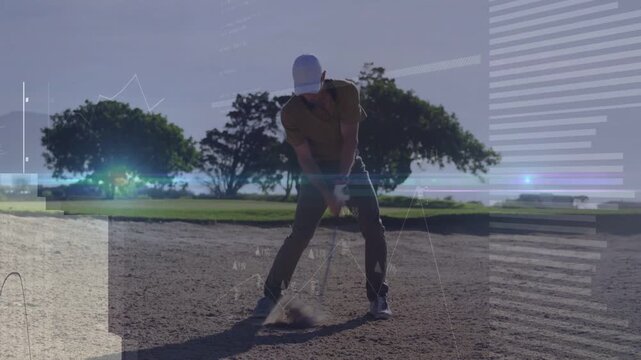 Golfer starting bunker shot, swinging through sand, sending ball to green with golf charts overlay