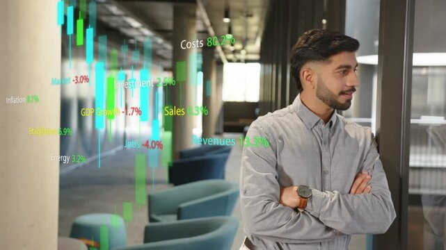 Man standing by glass wall viewing AR candles rising from hallway, assessing financial trends