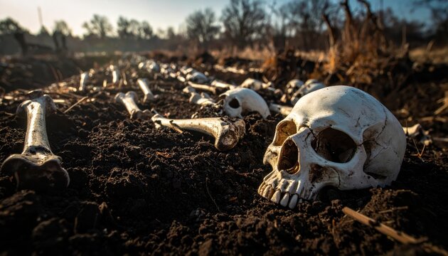 Scattered bleached white human bones and skulls lying in dark soil outdoors with sunlight