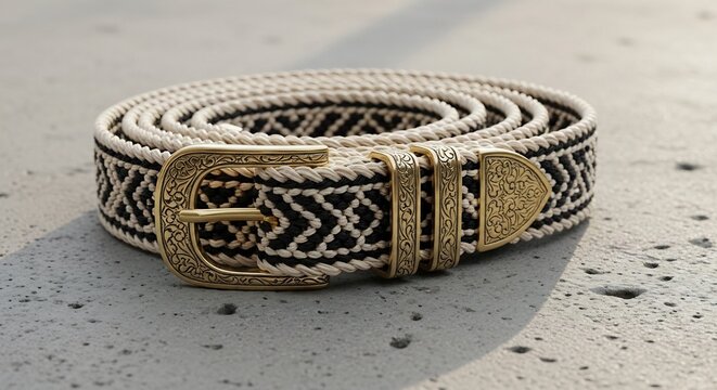 Woven Belt with Geometric Pattern and Brass Buckle on Sandy Surface.