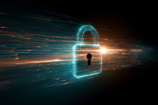 Glowing digital padlock stands against a cosmic backdrop. Light streaks pulse in warm orange and cool blue hues. The lock emits a radiant core, symbolizing secure data. Ideal for cybersecurity