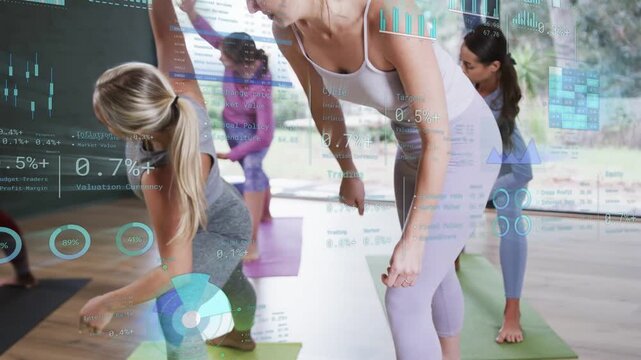 Instructor leaning forward guiding student in yoga class, HUD tracking posture for alignment