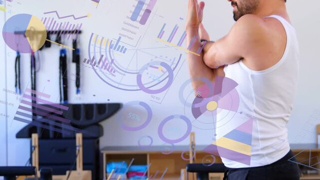 PT man starting crossed arms aligning pose and opening arms while charts overlaying tracking range