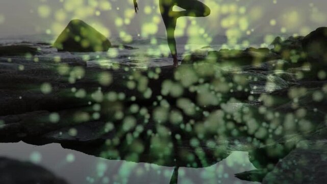 Green particle overlay shifting, revealing woman balancing in tree pose on rocky shore for wellness