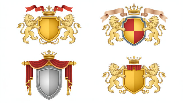 Four vintage-style heraldic crests with crowns and shields in gold and red Vector