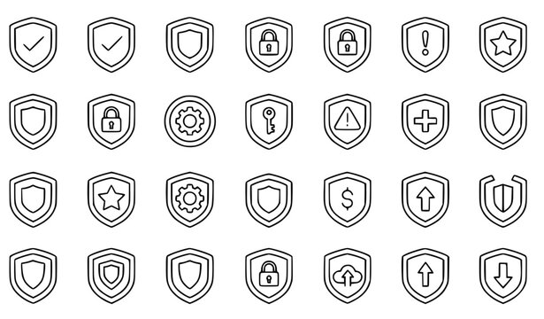 Shield thin line icons set with security symbols editable stroke pixel perfect vector collection for UI design isolated on white
