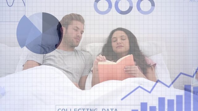 Woman turning page man watching as tech graphs growing over book, collecting analysing insights