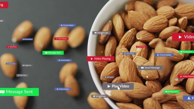 Cursor appearing, clicking UI badges floating toward white bowl, marking messages, almond dropping