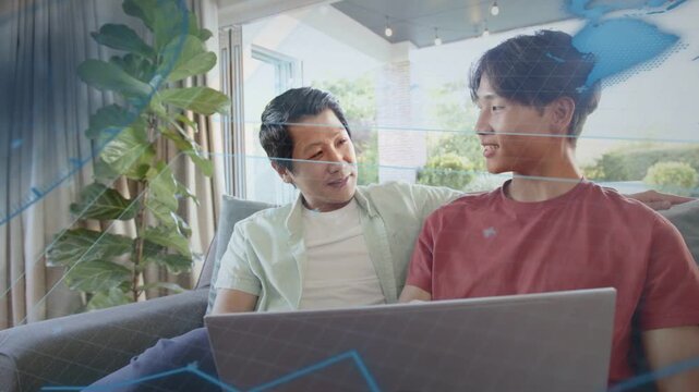 Parent and teenager prompted by laptop, discussing education as blue map charts overlaying scene