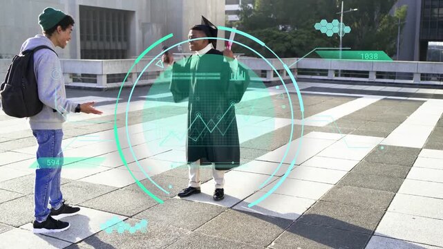 Graduate and friend shaking hands on rooftop, celebrating grad as HUD overlay animating over bodies