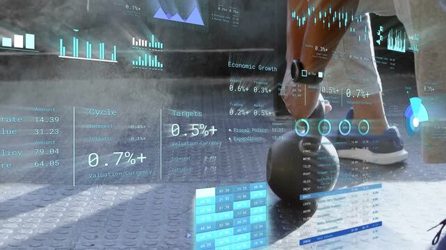 Man gripping kettlebell on floor, hinging hips and lifting, data overlay tracking training metrics