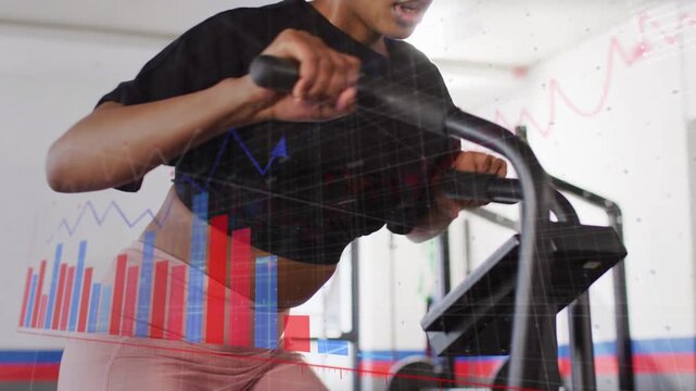 Woman stepping on climber increasing effort camera rising animated red blue charts tracking fitness