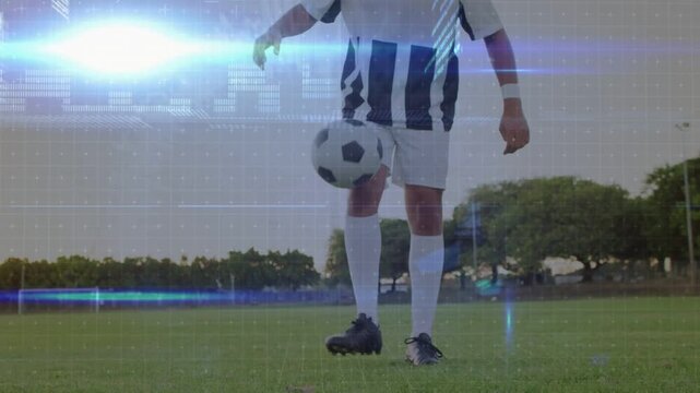 First tap starting juggling, soccer player doing ball control for practice, HUD tracing ball arc