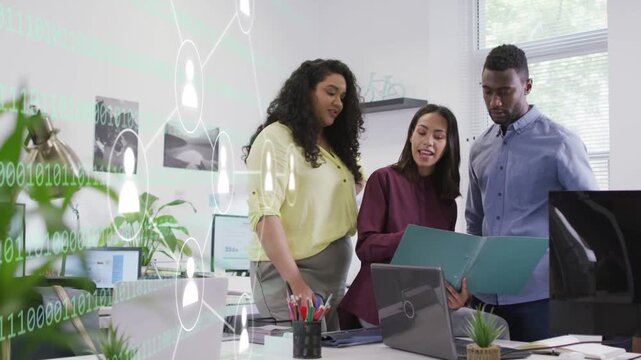 Three colleagues opening teal folder and scanning laptop, tech overlay guiding document signing off