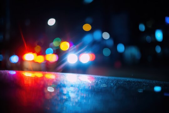 夜には街の明かりが輝き、パトカーが対応します