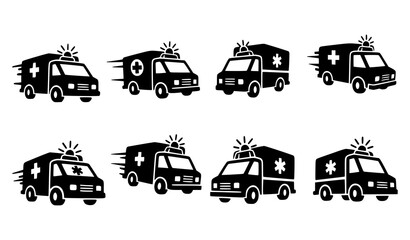 Ambulance vehicle vector icons collection with dynamic emergency medical car designs minimalist style © HoriProshad