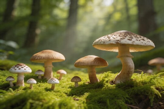 Mushrooms growing on moss in forest