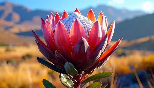 Stunning King Protea Flower in Bloom with Mountainous Backdrop.