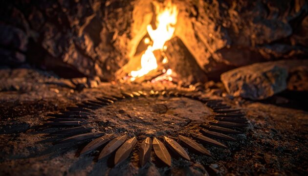 Arranged Flint Arrowheads in Concentric Pattern Near Ancient Fireplace