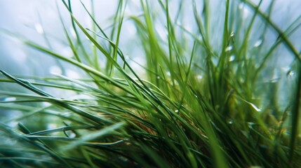 Naklejka premium Close-up View of Fresh Green Grass Blades with Raindrops Shimmering in Morning Light, Nature Photography for Serenity and Freshness Themes