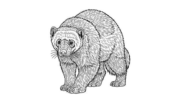 North American wolverine walking wildlife line art vector illustration detailed animal coloring page for kids and adults