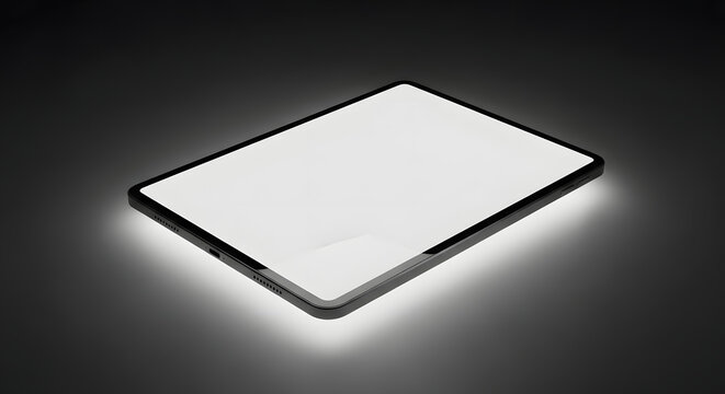 Modern tablet computer with blank white screen glowing from beneath on a dark reflective surface, technology and mock-up concept.
