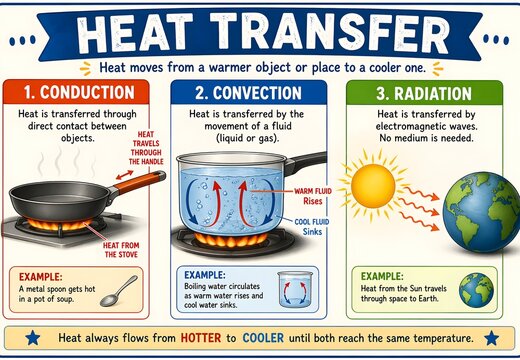 Simple Educational Graphic of Heat Transfer Mechanisms with Arrows and Labels