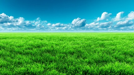 Obraz premium Lush Green Grass Field Under Clear Blue Sky with White Clouds, Vibrant Nature Landscape for Outdoor Relaxation and Scenic Views