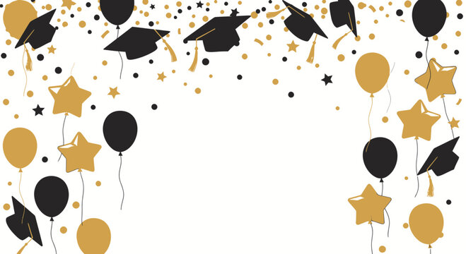 Graduation caps and celebratory balloons floating.
