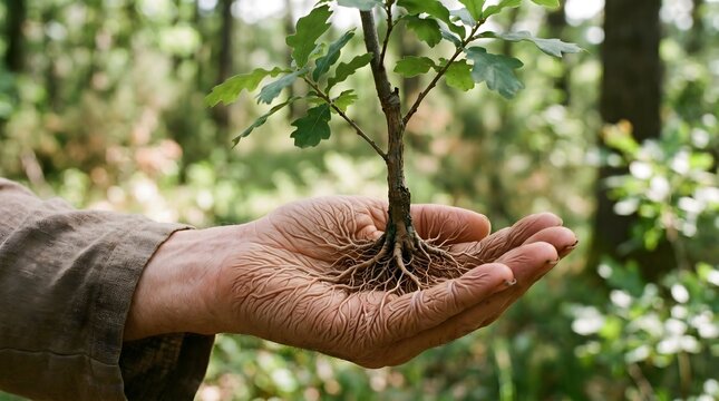 Akar Pohon yang Merambat dan Menutupi Telapak Tangan Manusia