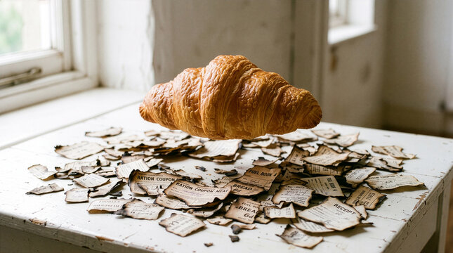 A golden croissant floats above a worn white table covered with scattered ration coupons and receipts in soft window light - Generative AI