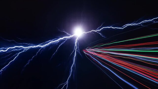 Electrical Discharge and Light Streaks Collision on Dark Background Animation.