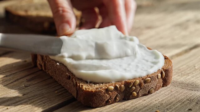 A person spreads creamy white cheese on whole grain bread with a knife on a rustic wooden table, preparing a healthy snack or breakfast.