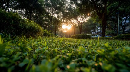 Obraz premium Tranquil Park Scene at Sunset with Lush Green Grass and Trees Illuminated by Warm Natural Light in Urban Environment