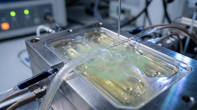 Close up of industrial manufacturing process with liquid injection into mold.