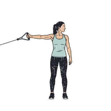 Woman performing cable lateral raise exercise for shoulder muscles