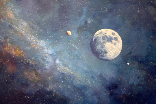 a painting of a full moon and a small plane