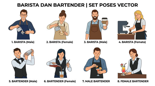 This set of vector illustrations features male and female baristas and bartenders preparing drinks and serving customers.