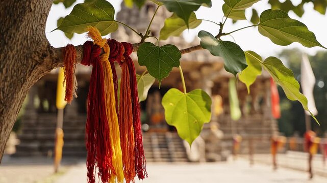 Sacred Red and Yellow Threads Tied to a Tree Branch Outside an Ancient Hindu Temple